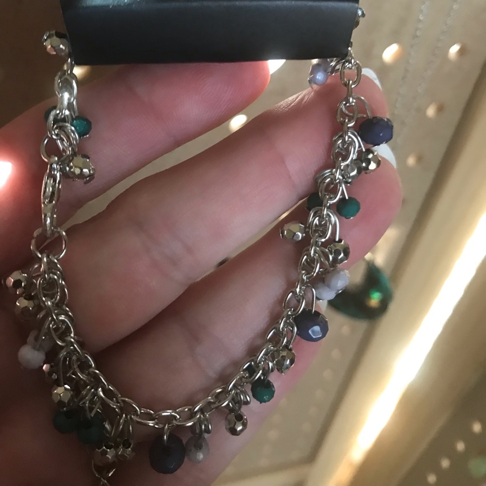 Silver chain bracelet w/blue & green matte beads.